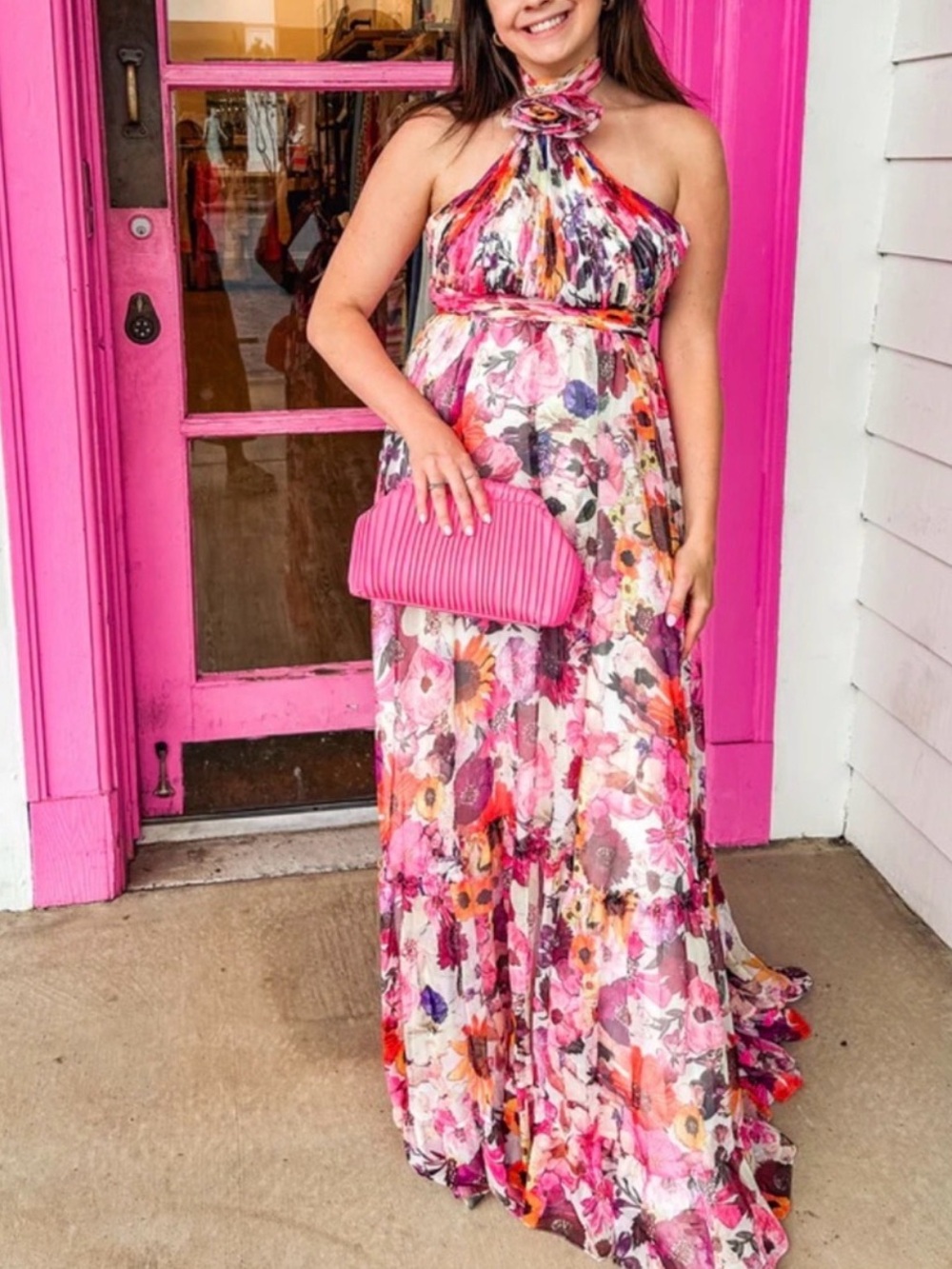 Mac Duggal Floral Daisies Pink Colorful Pleated Open Back Rosette Halter Gown 2